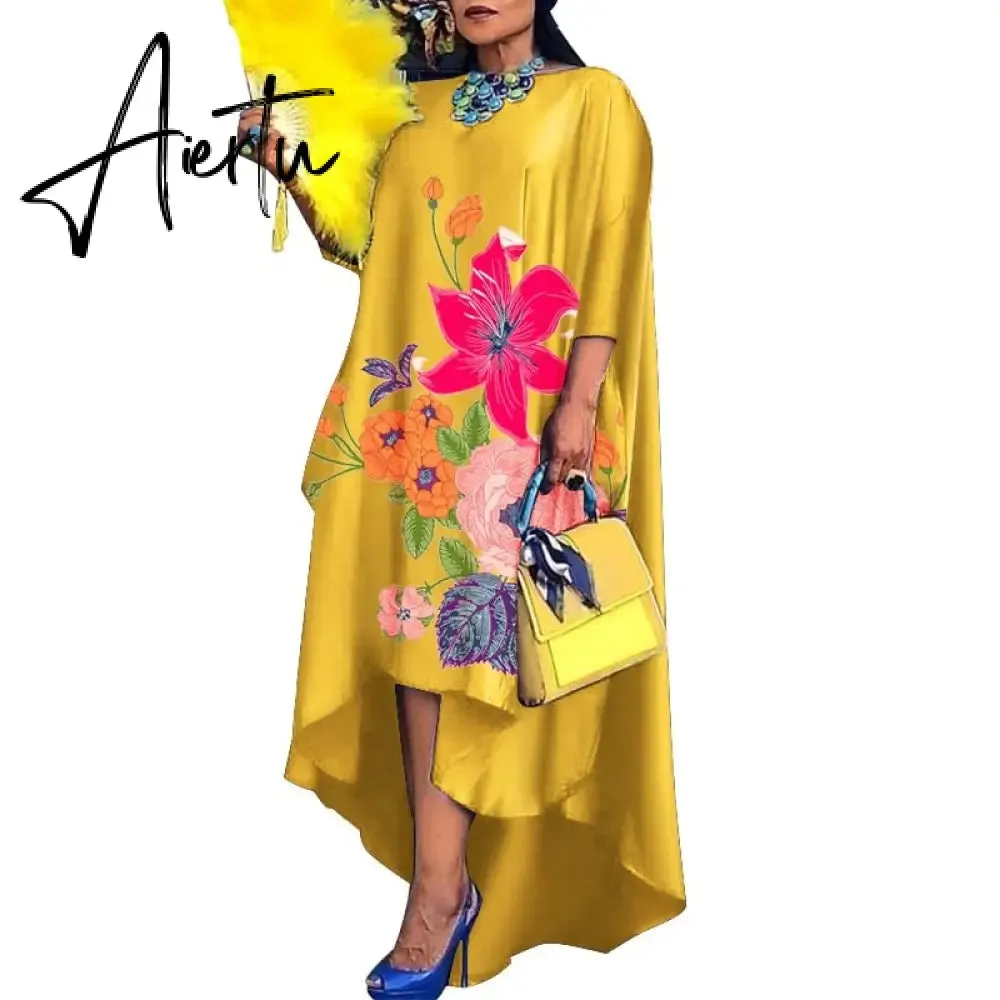 Aiertu   Women Casual 2/3 Sleeve Irregular Maxi Dress  Robe Spring O Neck Asymmetrical Pleated Vestidos Elegant Long Sundress