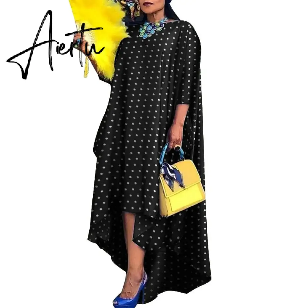 Aiertu   Women Casual 2/3 Sleeve Irregular Maxi Dress  Robe Spring O Neck Asymmetrical Pleated Vestidos Elegant Long Sundress