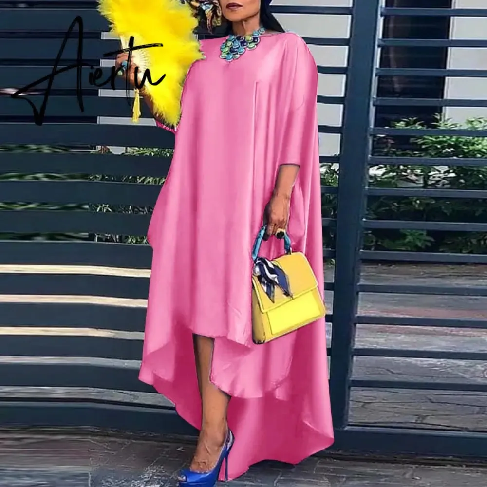 Aiertu   Women Casual 2/3 Sleeve Irregular Maxi Dress  Robe Spring O Neck Asymmetrical Pleated Vestidos Elegant Long Sundress