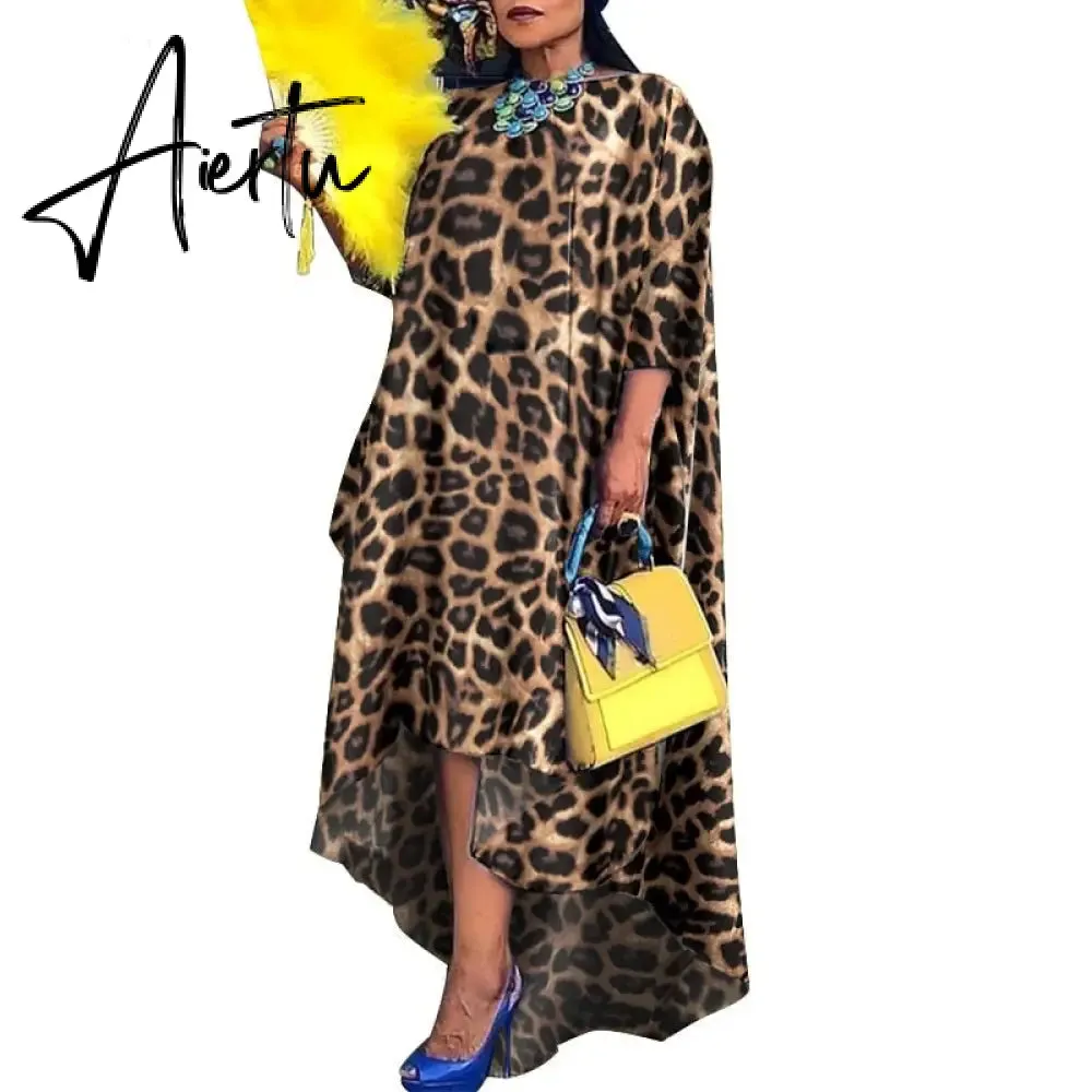 Aiertu   Women Casual 2/3 Sleeve Irregular Maxi Dress  Robe Spring O Neck Asymmetrical Pleated Vestidos Elegant Long Sundress