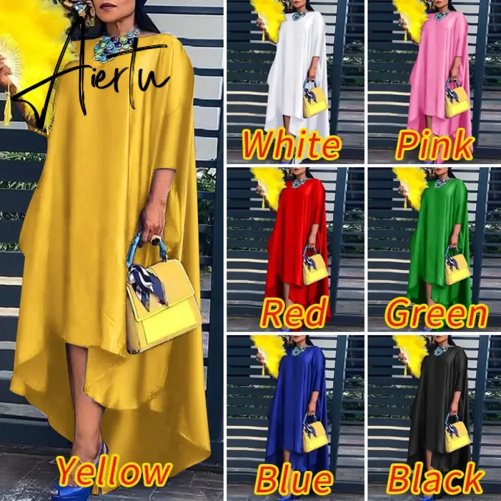 Aiertu   Women Casual 2/3 Sleeve Irregular Maxi Dress  Robe Spring O Neck Asymmetrical Pleated Vestidos Elegant Long Sundress