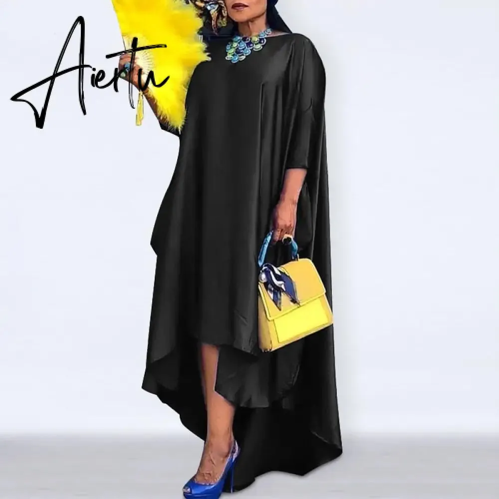 Aiertu   Women Casual 2/3 Sleeve Irregular Maxi Dress  Robe Spring O Neck Asymmetrical Pleated Vestidos Elegant Long Sundress