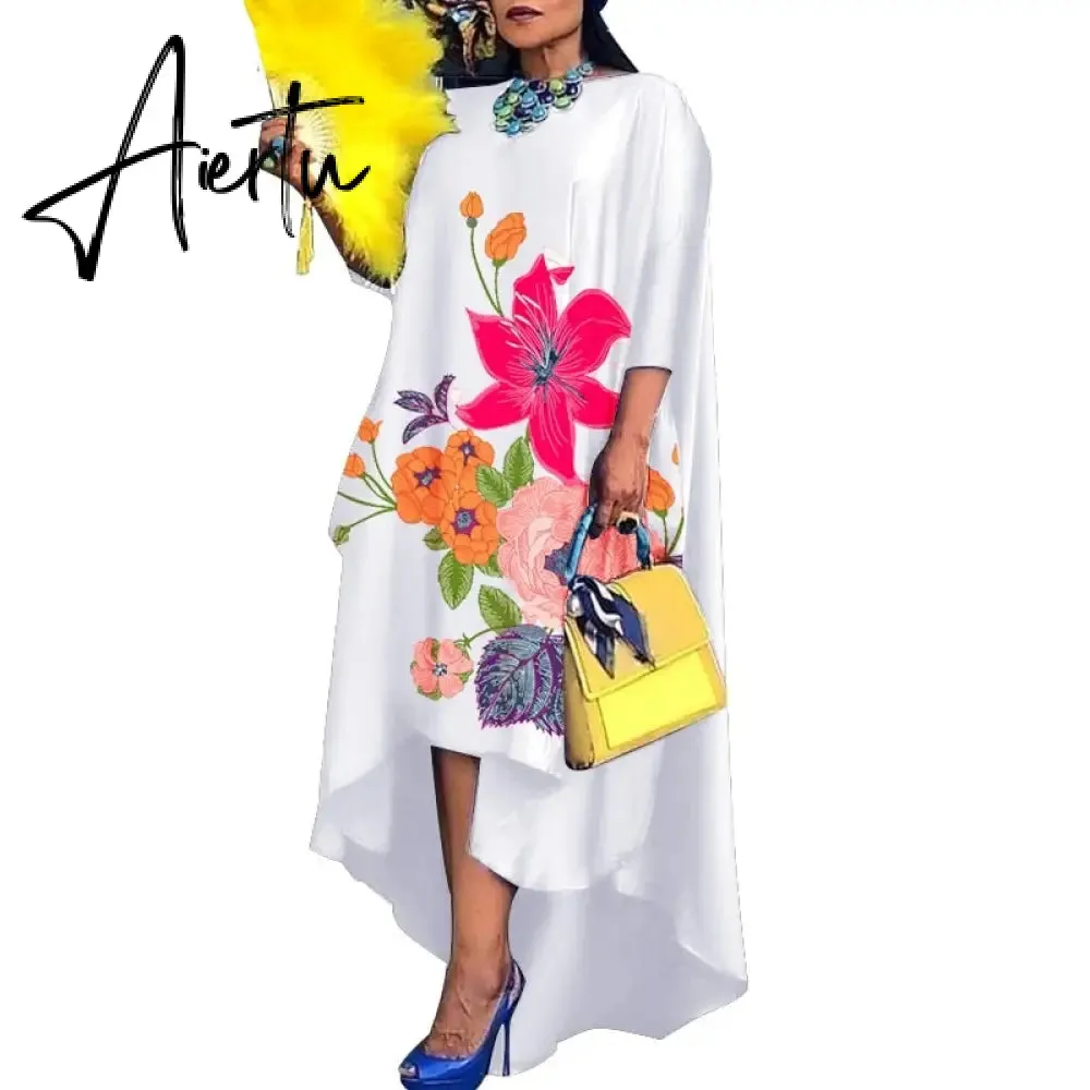 Aiertu   Women Casual 2/3 Sleeve Irregular Maxi Dress  Robe Spring O Neck Asymmetrical Pleated Vestidos Elegant Long Sundress