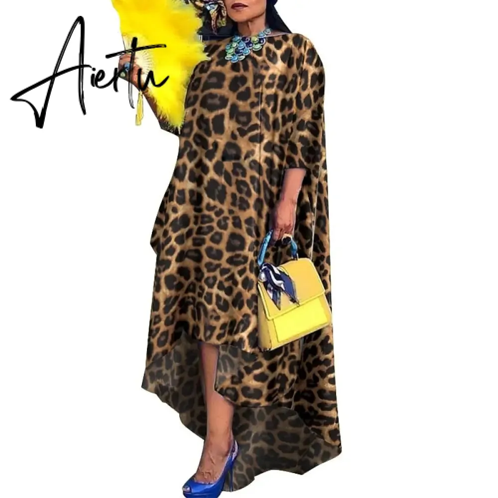 Aiertu   Women Casual 2/3 Sleeve Irregular Maxi Dress  Robe Spring O Neck Asymmetrical Pleated Vestidos Elegant Long Sundress