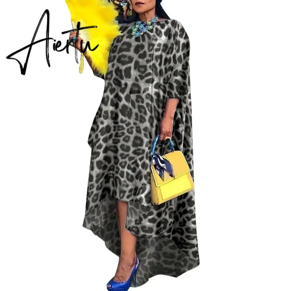 Aiertu   Women Casual 2/3 Sleeve Irregular Maxi Dress  Robe Spring O Neck Asymmetrical Pleated Vestidos Elegant Long Sundress