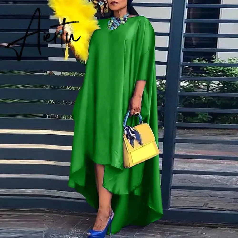 Aiertu   Women Casual 2/3 Sleeve Irregular Maxi Dress  Robe Spring O Neck Asymmetrical Pleated Vestidos Elegant Long Sundress