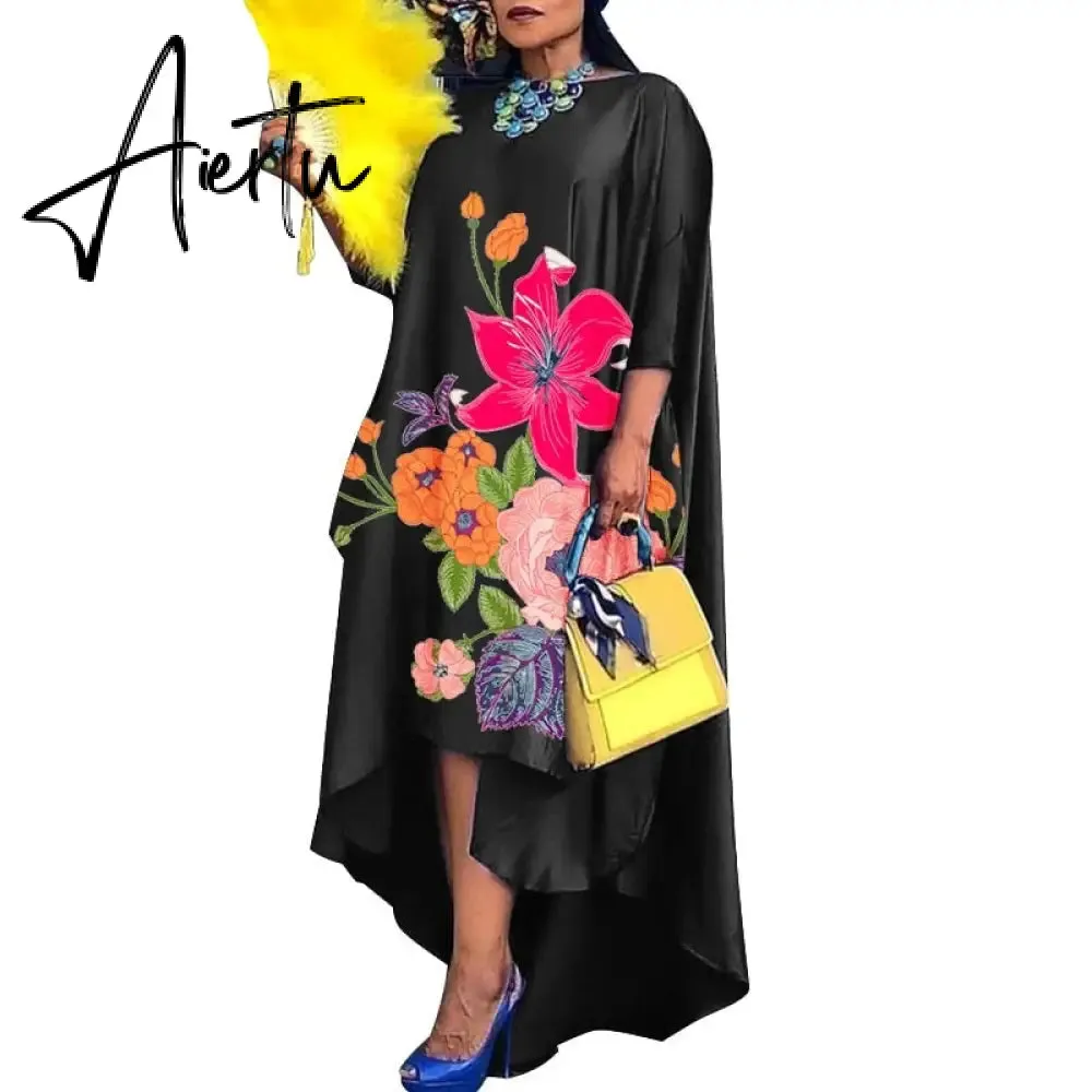 Aiertu   Women Casual 2/3 Sleeve Irregular Maxi Dress  Robe Spring O Neck Asymmetrical Pleated Vestidos Elegant Long Sundress