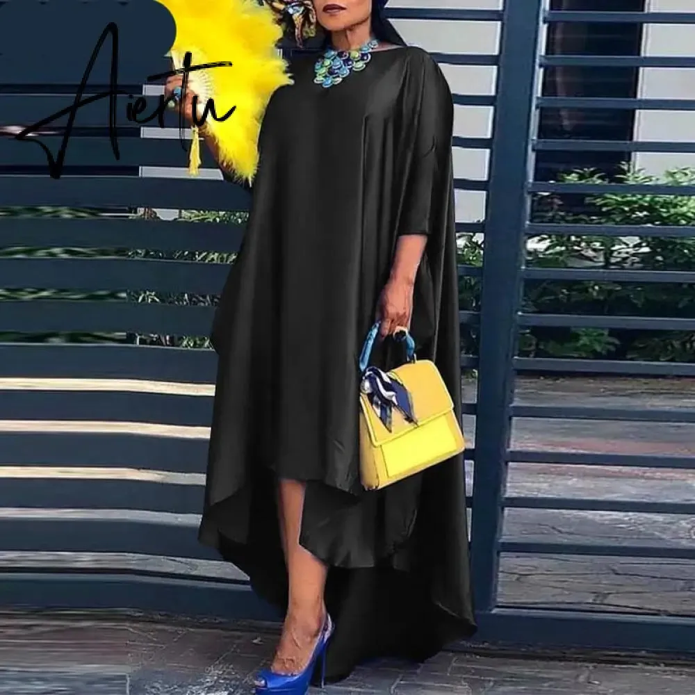 Aiertu   Women Casual 2/3 Sleeve Irregular Maxi Dress  Robe Spring O Neck Asymmetrical Pleated Vestidos Elegant Long Sundress