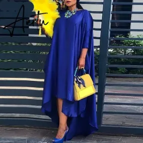 Aiertu   Women Casual 2/3 Sleeve Irregular Maxi Dress  Robe Spring O Neck Asymmetrical Pleated Vestidos Elegant Long Sundress