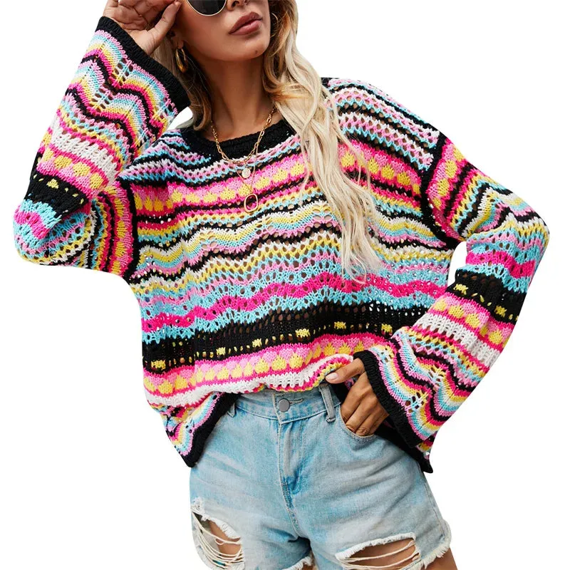 Aiertu Women Round Neck Loose Sweaters, Bohemian Long Sleeve Crochet Knit Pullover Tops