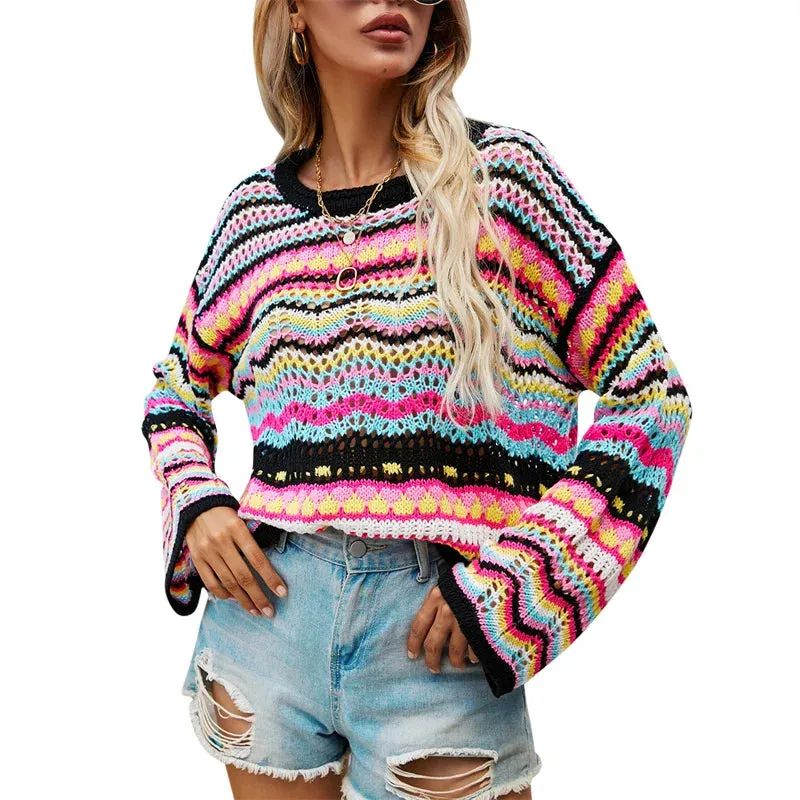 Aiertu Women Round Neck Loose Sweaters, Bohemian Long Sleeve Crochet Knit Pullover Tops