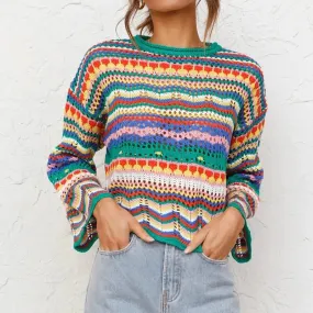 Aiertu Women Round Neck Loose Sweaters, Bohemian Long Sleeve Crochet Knit Pullover Tops