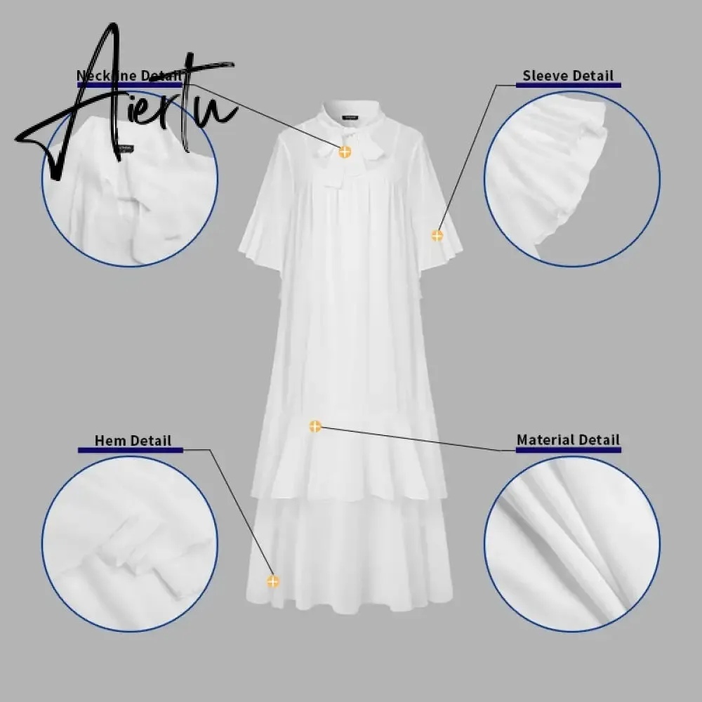 Aiertu  Women Solid Sleeveless Maxi Dress VONDA Summer Bow Neck Flare Sleeve Pleated Ruffled Long Party Sundress Bohemian Vestidos