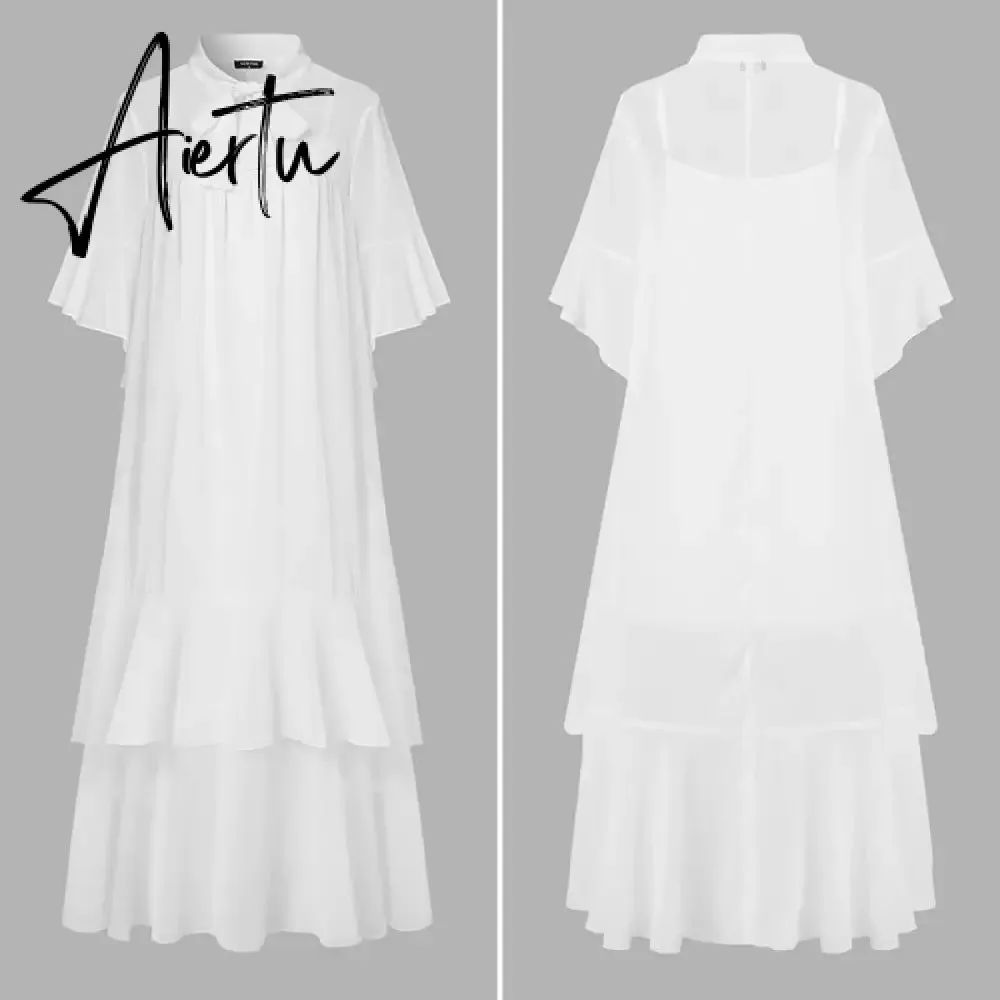 Aiertu  Women Solid Sleeveless Maxi Dress VONDA Summer Bow Neck Flare Sleeve Pleated Ruffled Long Party Sundress Bohemian Vestidos