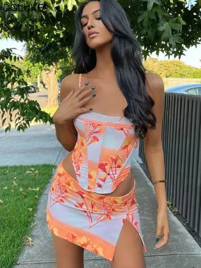 Amozae   Floral Print 2 Piece Summer Set Women Outfits Crop Top And Mini Skirt   Two Piece Set Bohemian Beach Outfits Club Night Party