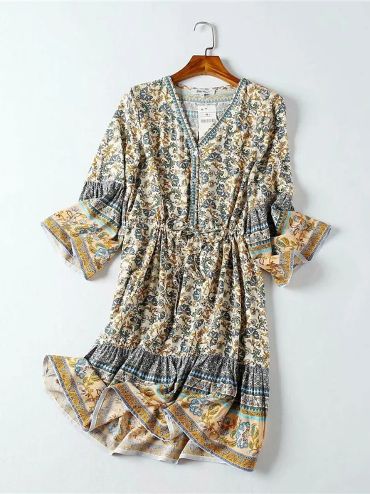 Ashore Shop women hippie floral print V-neck  Bohemian mini dresses Summer ladies flare sleeve cotton beach Boho dress