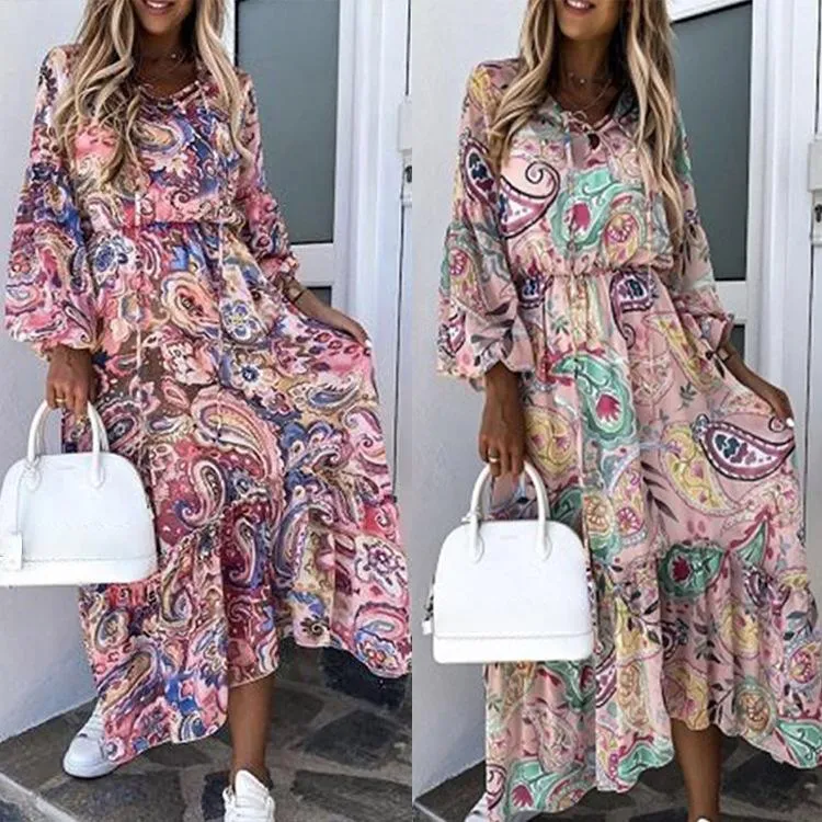Autumn Lantern Long Sleeve Floral Print Dress Women