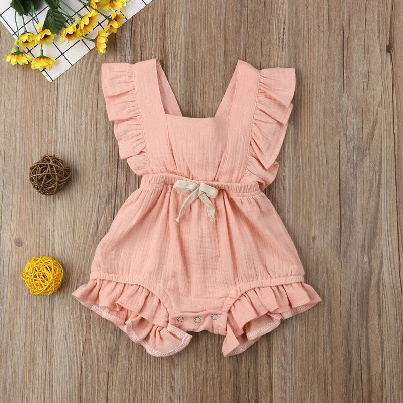 Baby Girl Ruffle Sleeveless Solid Color Romper