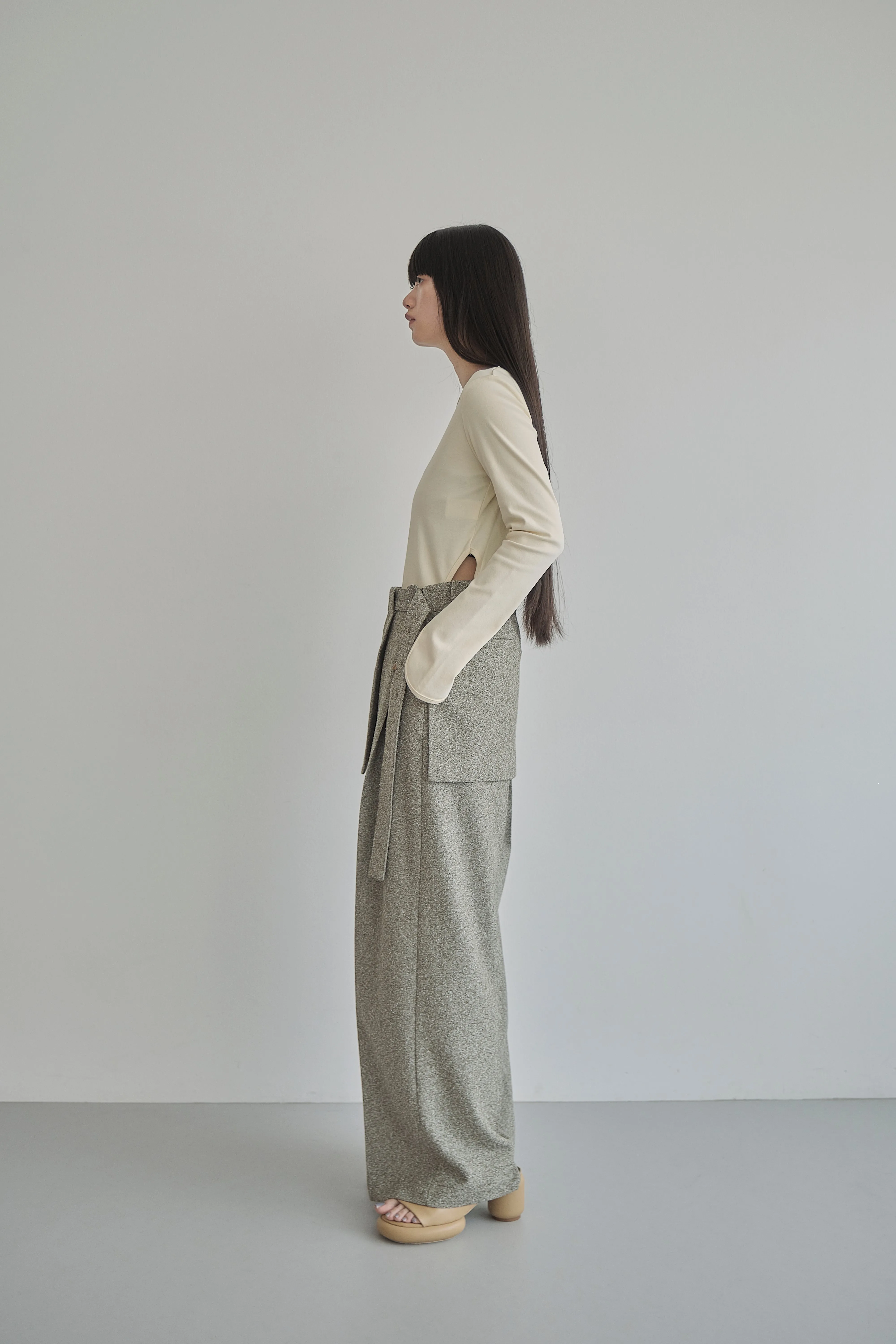 Belt Skirt Layered Nep Tuck Pants