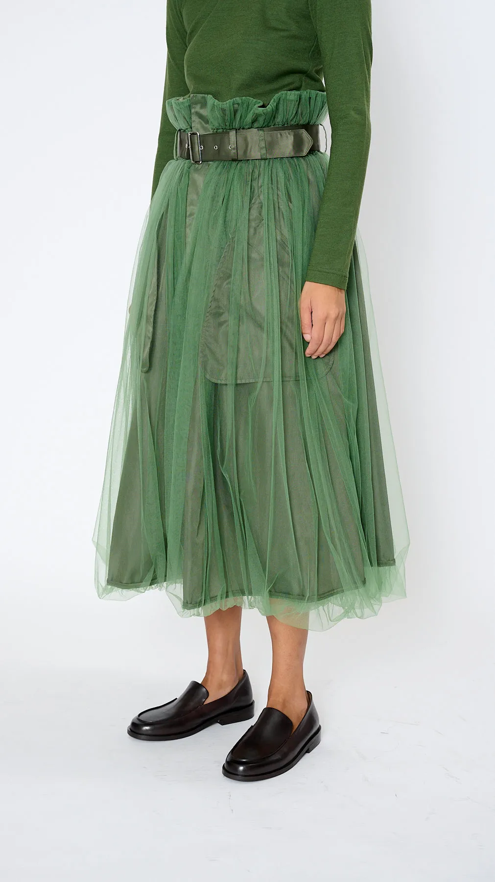 Belted Tulle Skirt in Khaki