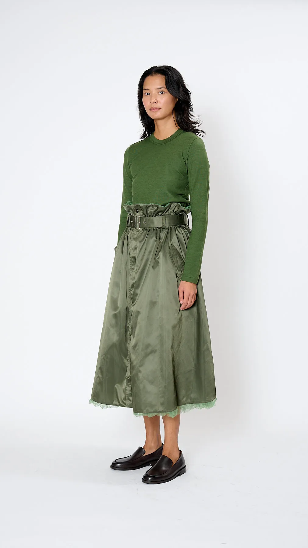 Belted Tulle Skirt in Khaki