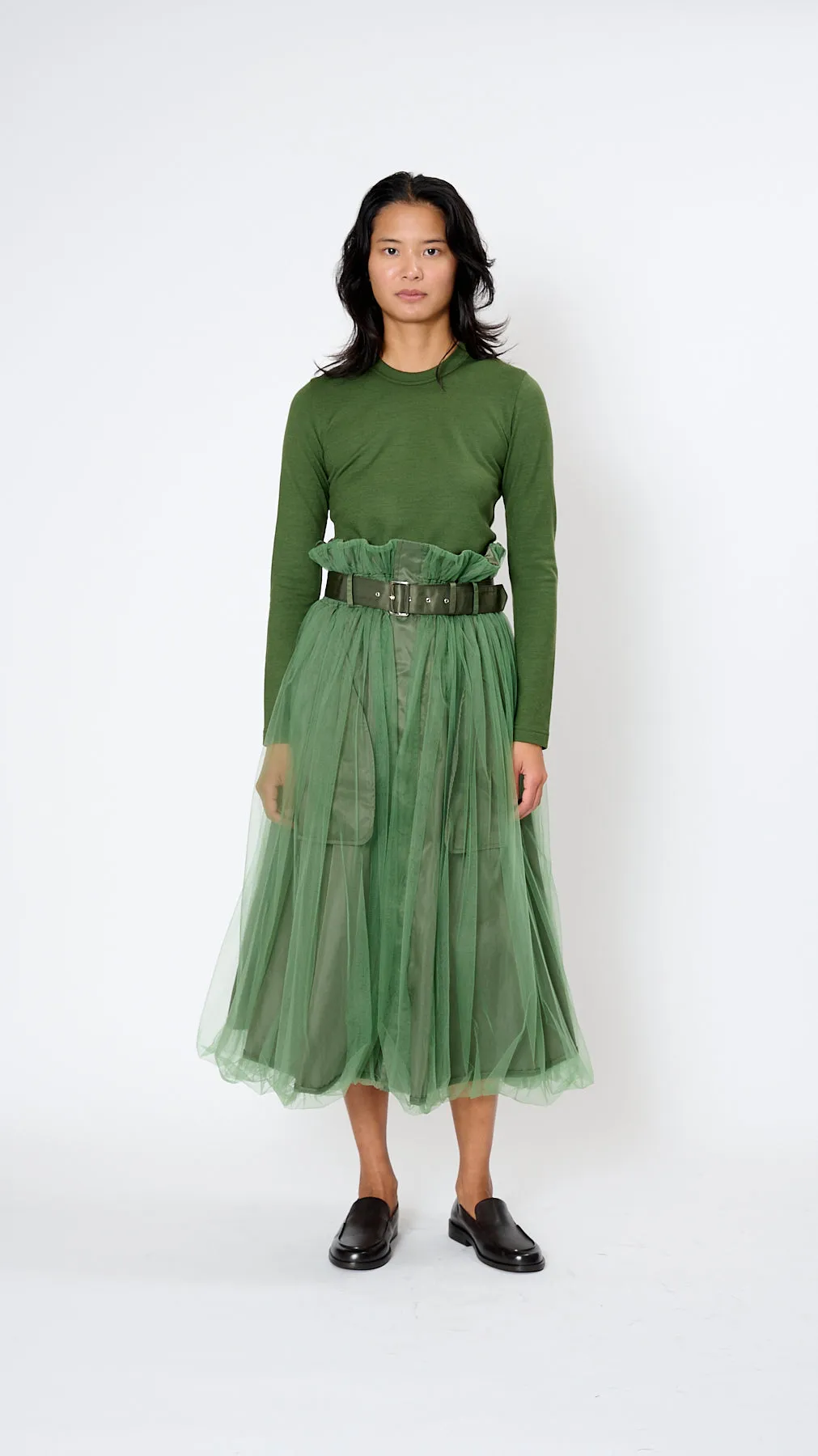 Belted Tulle Skirt in Khaki