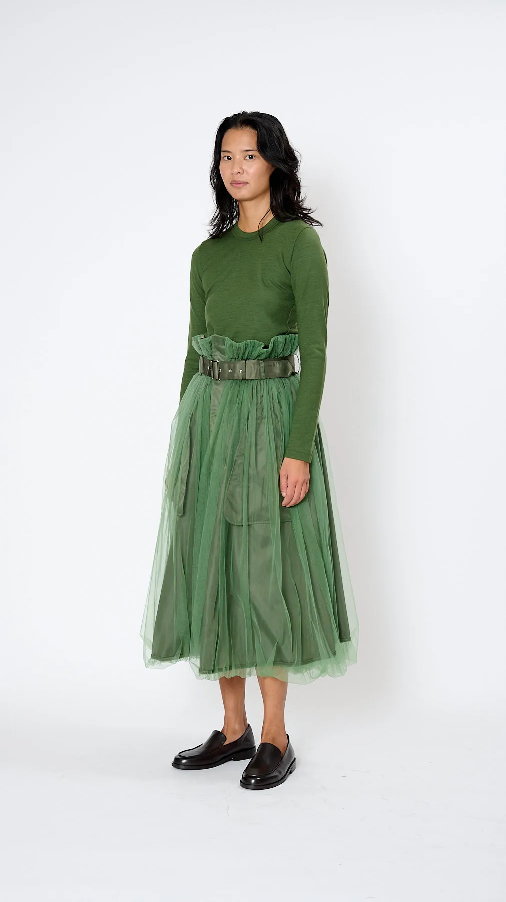 Belted Tulle Skirt in Khaki
