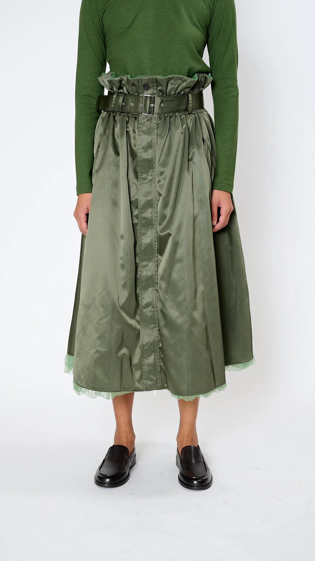 Belted Tulle Skirt in Khaki