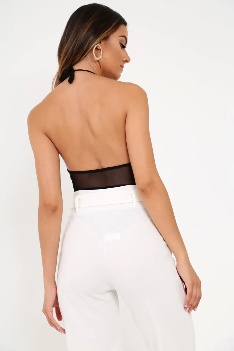 Black And Gold Mesh Floral Embroidered Halterneck Bodysuit - Keelynn