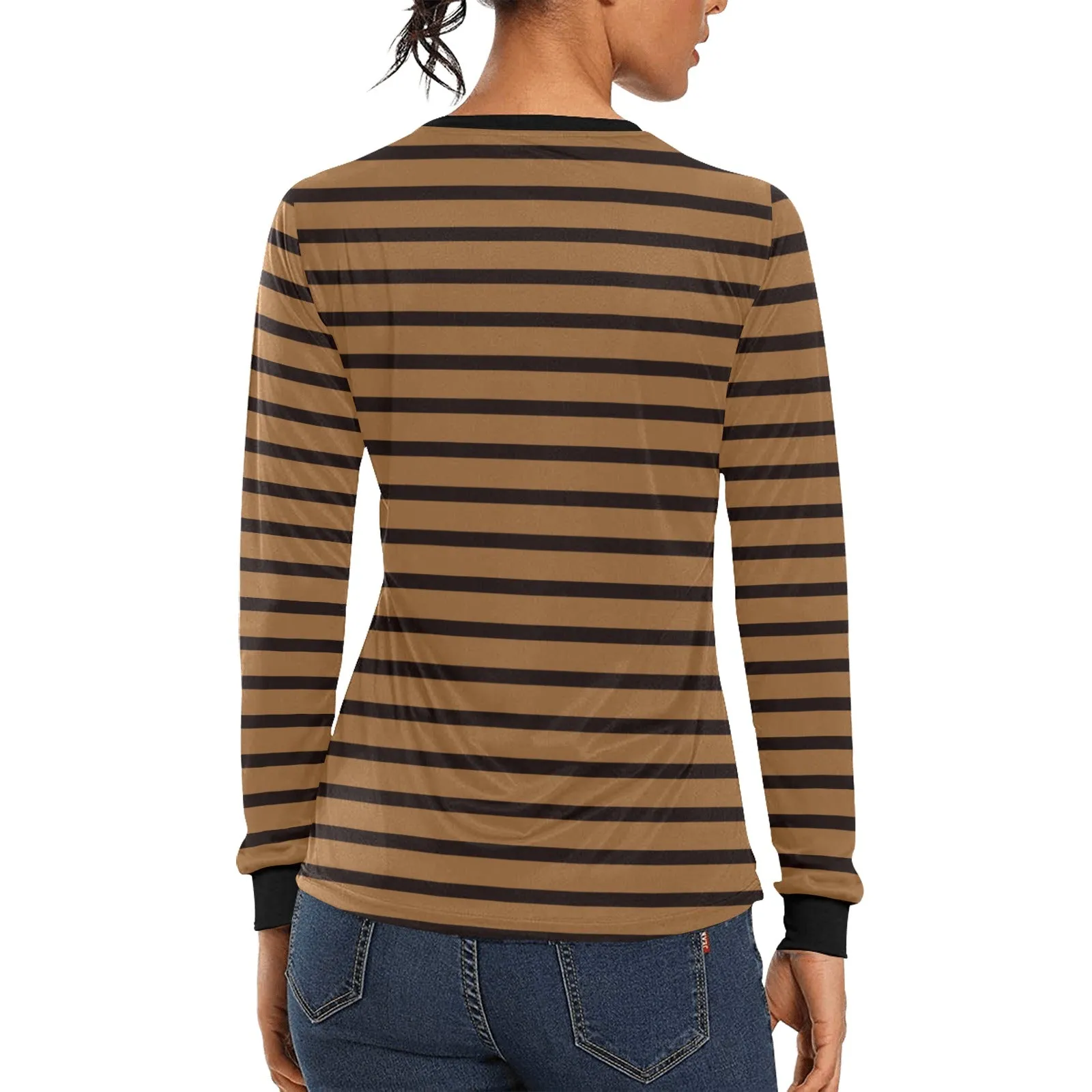 Black Brown Striped Women Long Sleeve Tshirt, Designer Graphic Aesthetic Crew Neck Ladies Tee