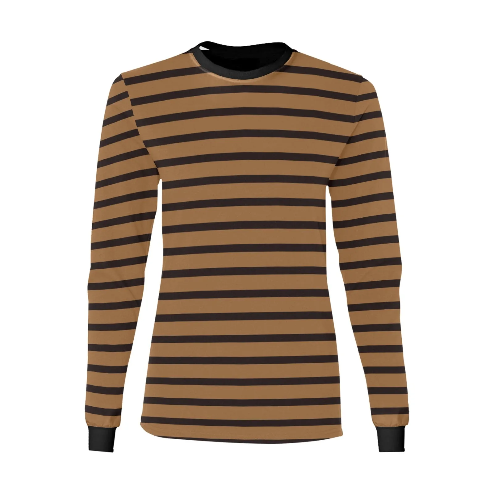 Black Brown Striped Women Long Sleeve Tshirt, Designer Graphic Aesthetic Crew Neck Ladies Tee