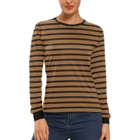 Black Brown Striped Women Long Sleeve Tshirt, Designer Graphic Aesthetic Crew Neck Ladies Tee