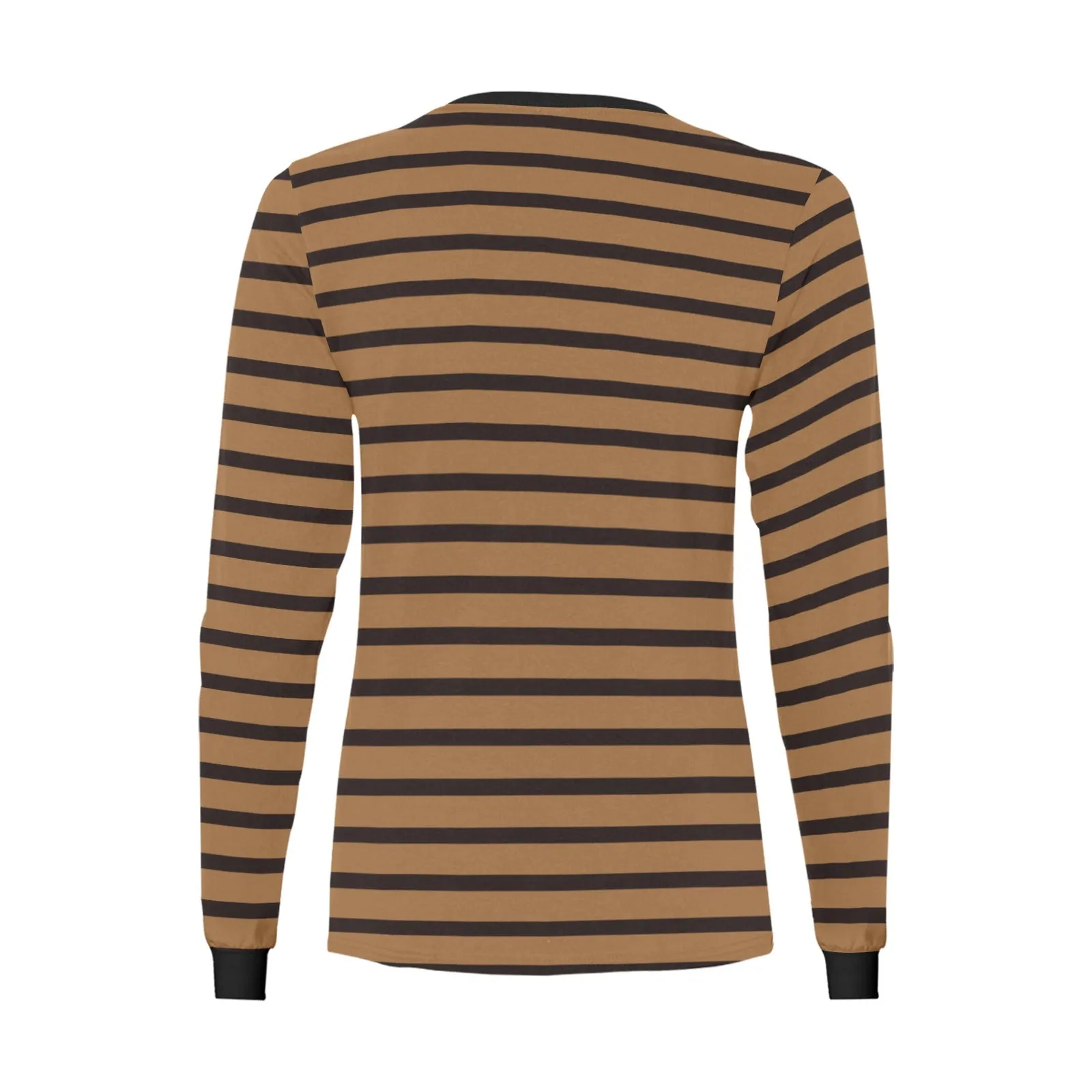 Black Brown Striped Women Long Sleeve Tshirt, Designer Graphic Aesthetic Crew Neck Ladies Tee