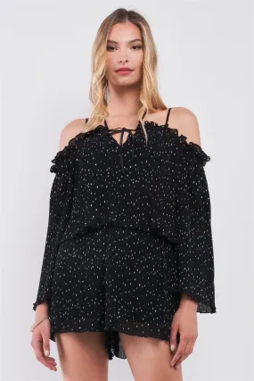 Black Star Print Pleated Off-The-Shoulder Romper /1-1-2-1