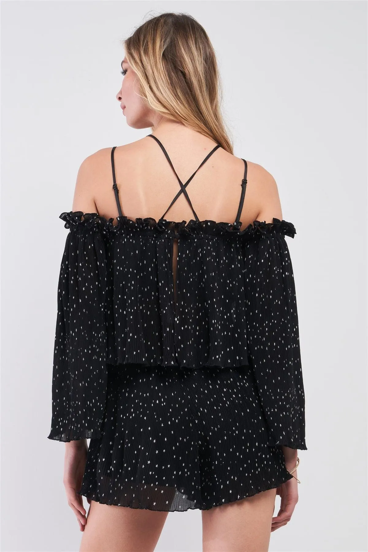 Black Star Print Pleated Off-The-Shoulder Romper /1-1-2-1