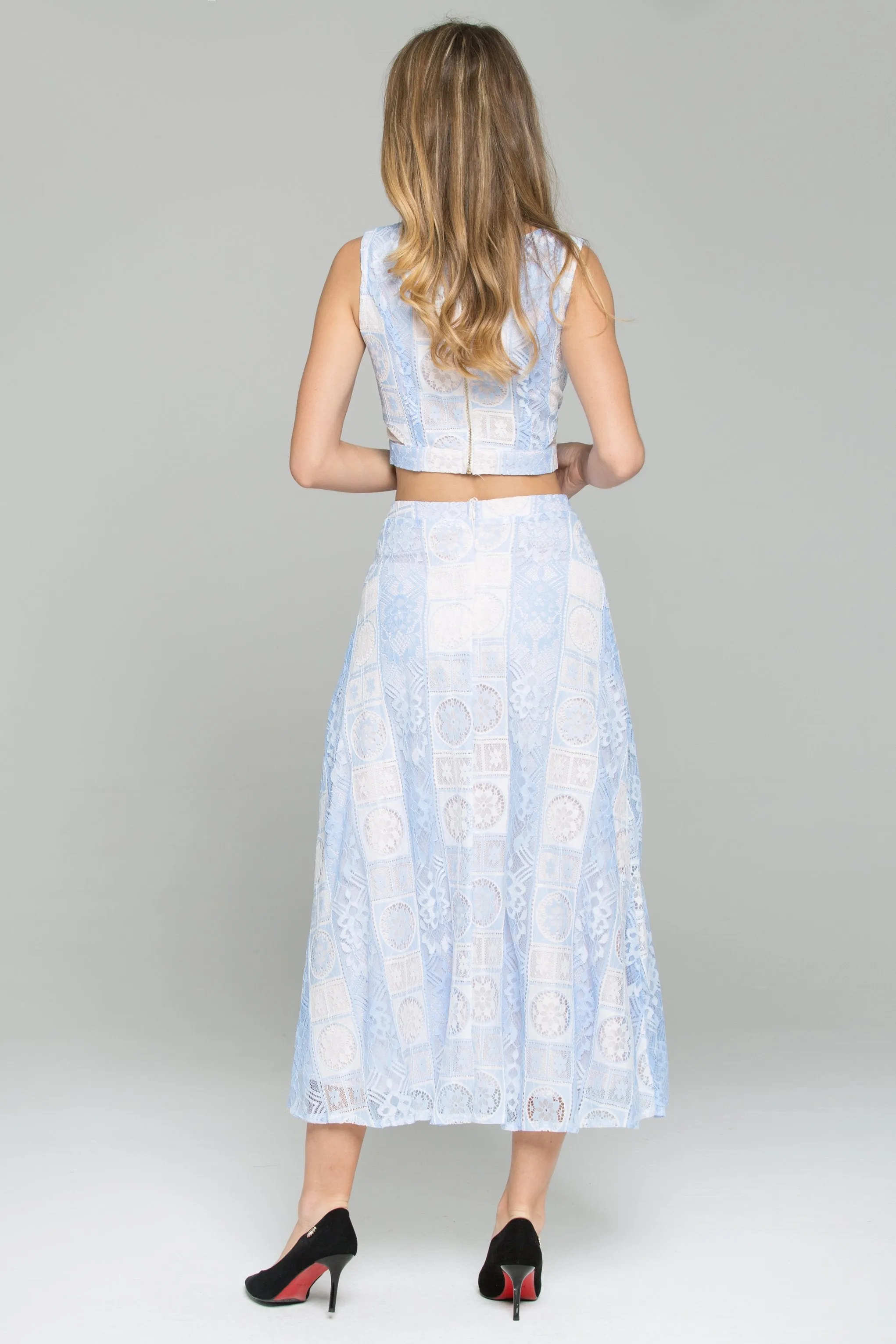 Blue Double Layered Lace Sleeveless Crop Top and A-Line Skirt Set