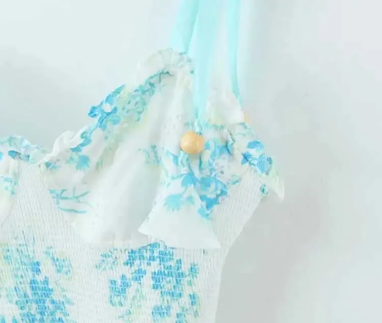 blue floral straps party dress bow tied shoulder smocked bodice embroidery summer dress chic ladies mini dress
