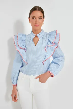 Blue Stripe Gingham Ruffle Holly Blouse