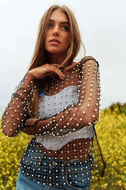 Bohemian Bead and Pearl Embellished Long Sleeves Mesh Top