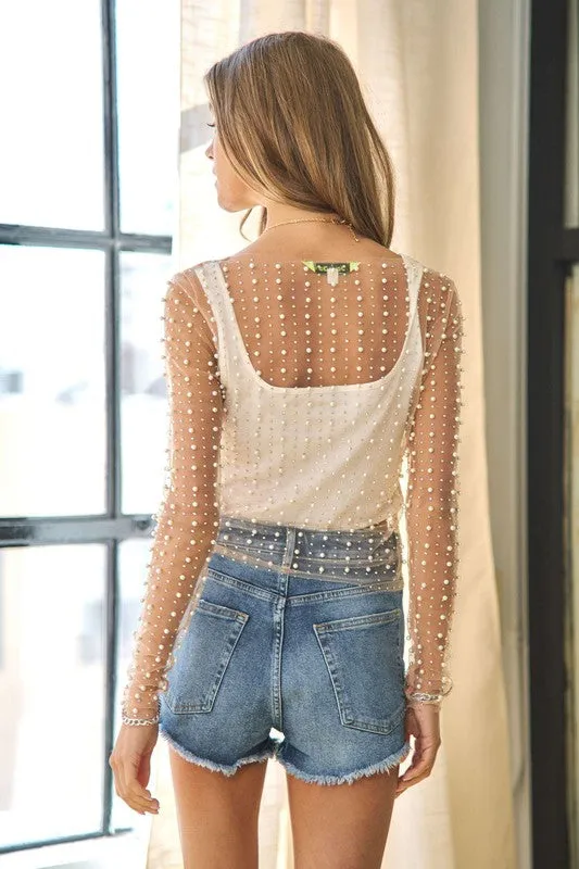 Bohemian Bead and Pearl Embellished Long Sleeves Mesh Top