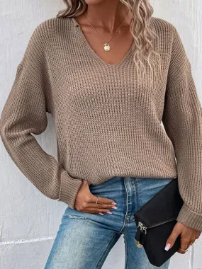 Bohemian Brown Long Sleeved V-Neck Casual Sweater