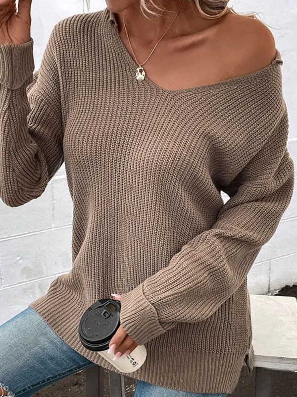 Bohemian Brown Long Sleeved V-Neck Casual Sweater