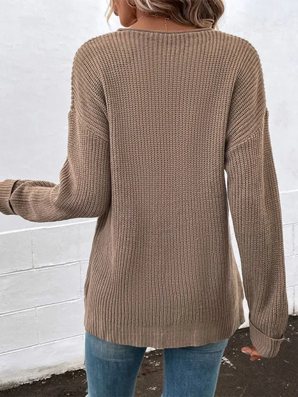 Bohemian Brown Long Sleeved V-Neck Casual Sweater