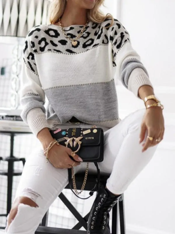 Bohemian Ladies Leopard Print Round Neck Color Block Knit Sweater