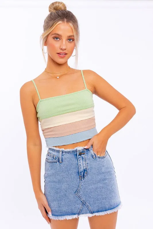 Bohemian Lettuce Hem Color Block Detail Spaghetti Top