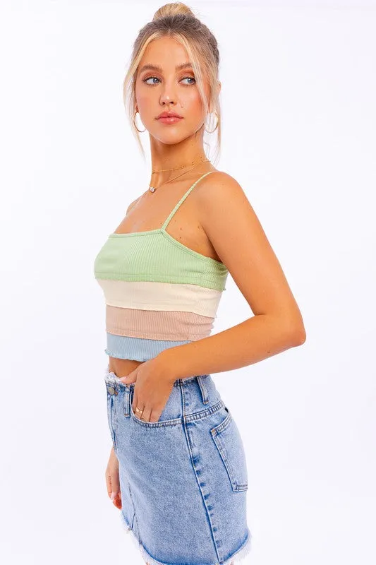 Bohemian Lettuce Hem Color Block Detail Spaghetti Top