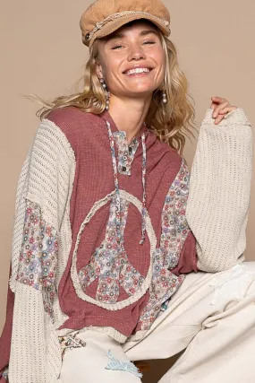 Bohemian Long Sleeve Floral Peace Patch Ribbed Hoodie