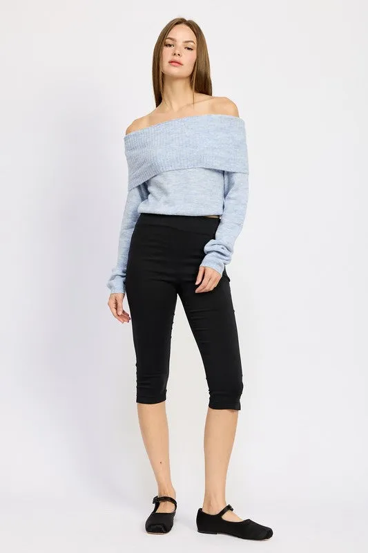 Bohemian Off Shoulder Fold Over Sweater Top