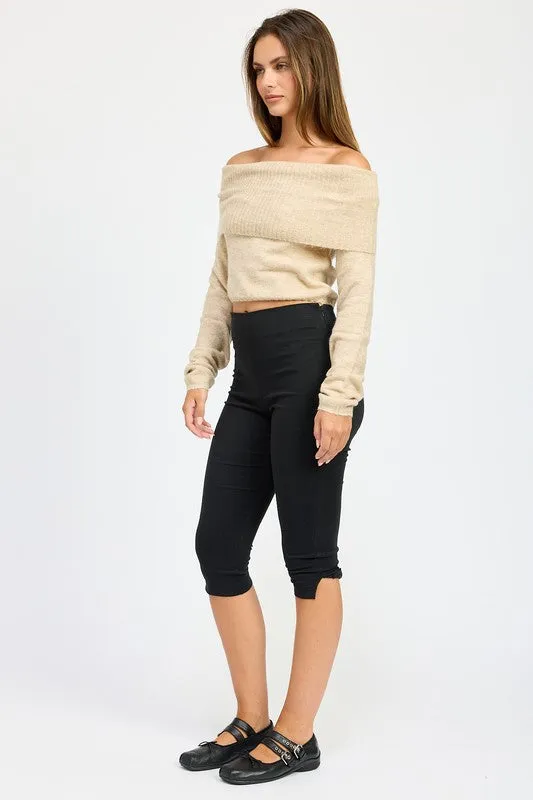 Bohemian Off Shoulder Fold Over Sweater Top