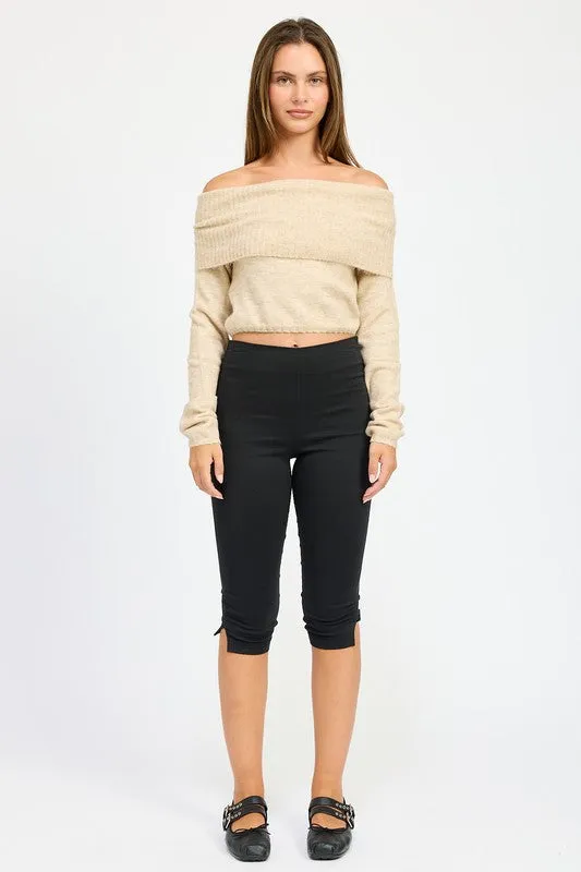 Bohemian Off Shoulder Fold Over Sweater Top